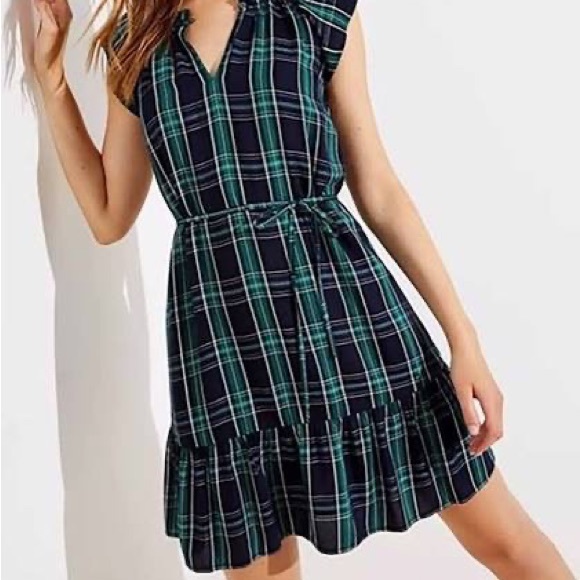 LOFT | Navy and Green Plaid Ruffle Hem Dress - Picture 1 of 6